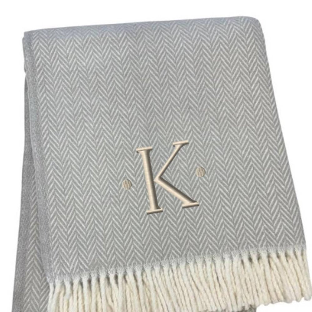 55" X 70" Gray And White Herringbone Cotton Blend A Initial Throw Blanket with Tassels And Embroidery