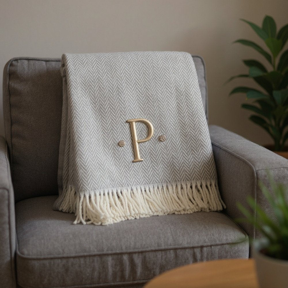 55" X 70" Gray And White Herringbone Cotton Blend A Initial Throw Blanket with Tassels And Embroidery