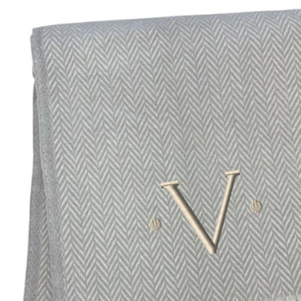 55" X 70" Gray And White Herringbone Cotton Blend A Initial Throw Blanket with Tassels And Embroidery