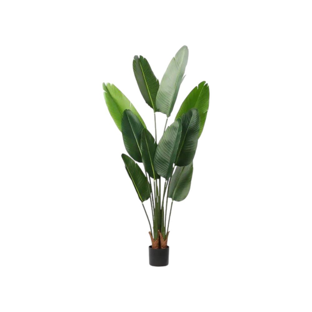 7" Green Artificial Banana Leaf In Cylindrical Black Cement Pot