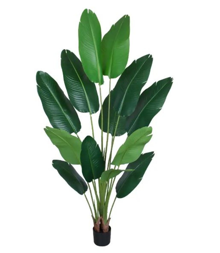7" Green Artificial Banana Leaf In Cylindrical Black Cement Pot