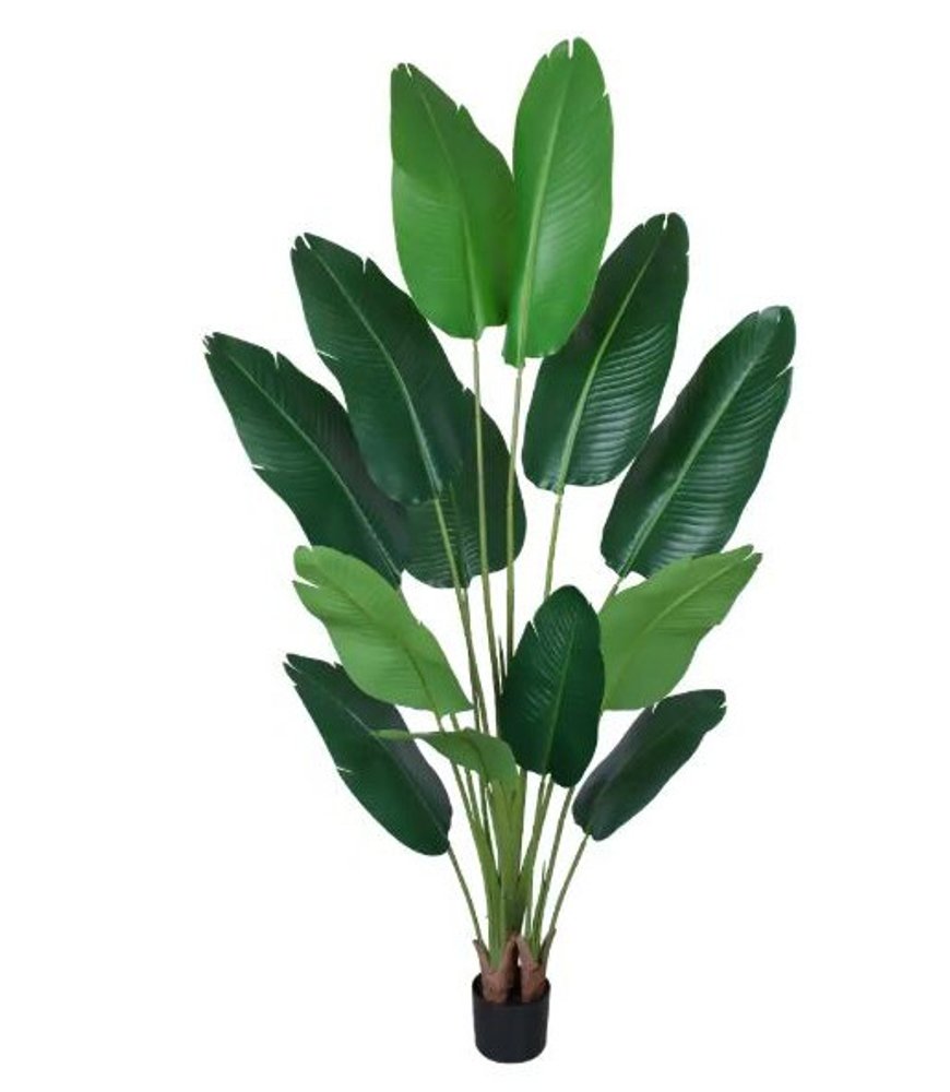 7" Green Artificial Banana Leaf In Cylindrical Black Cement Pot
