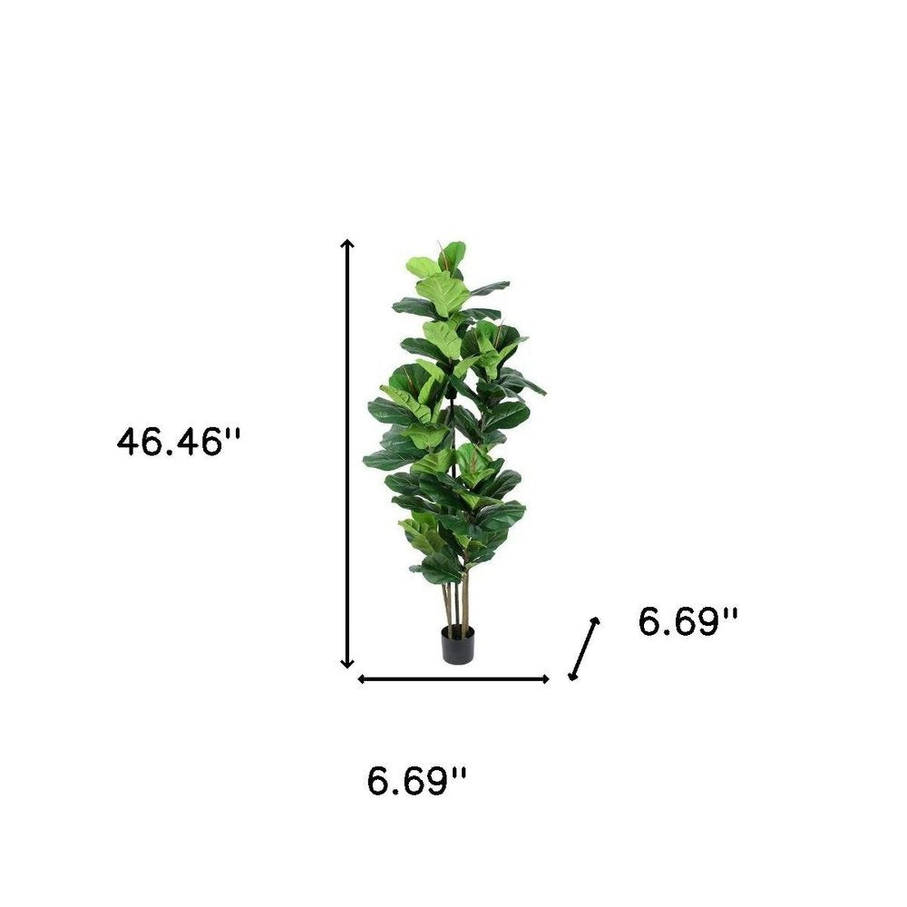 7" Green Artificial Fiddle Leaf In Cylindrical Black Cement Pot
