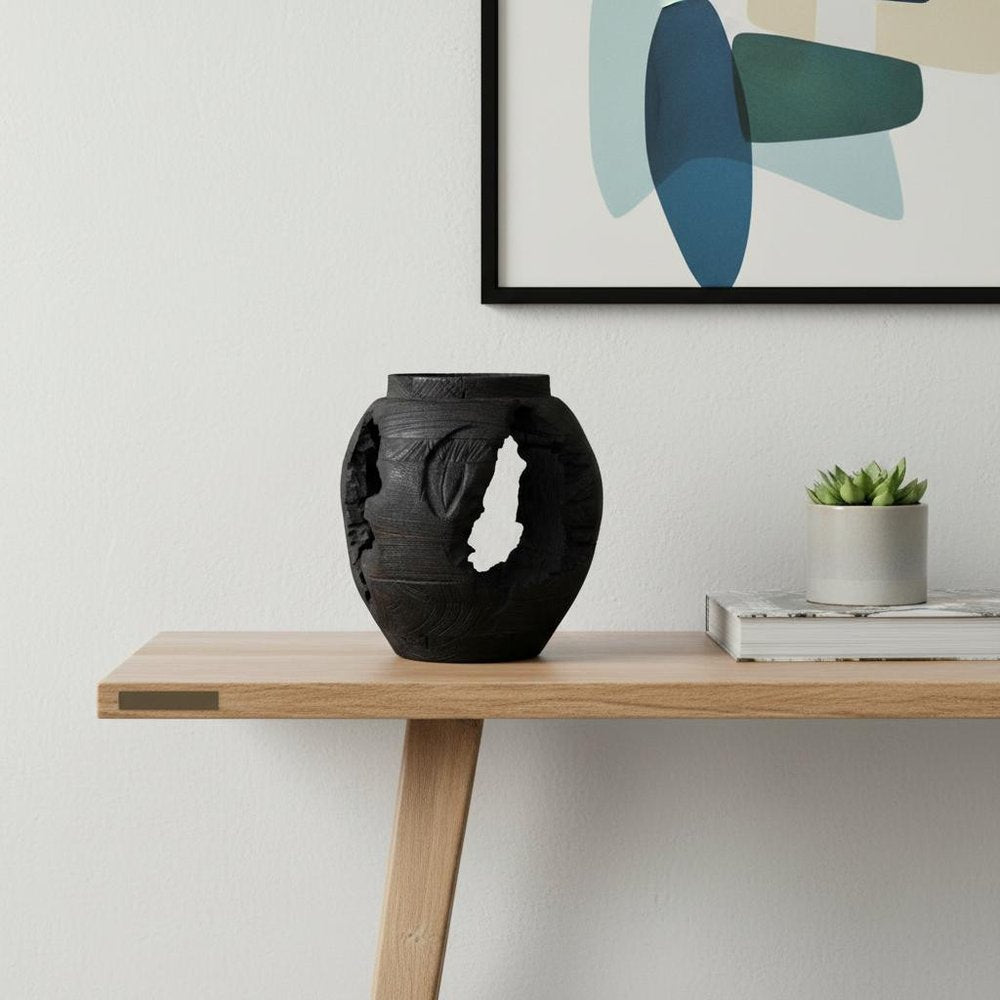 14" Black Solid Wood Table Vase With Sculptural Details