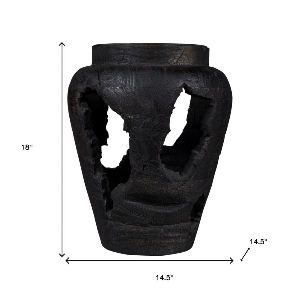 18" Black Solid Wood Table Vase With Sculptural Details