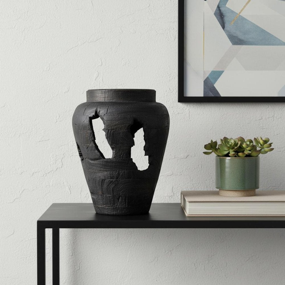 18" Black Solid Wood Table Vase With Sculptural Details
