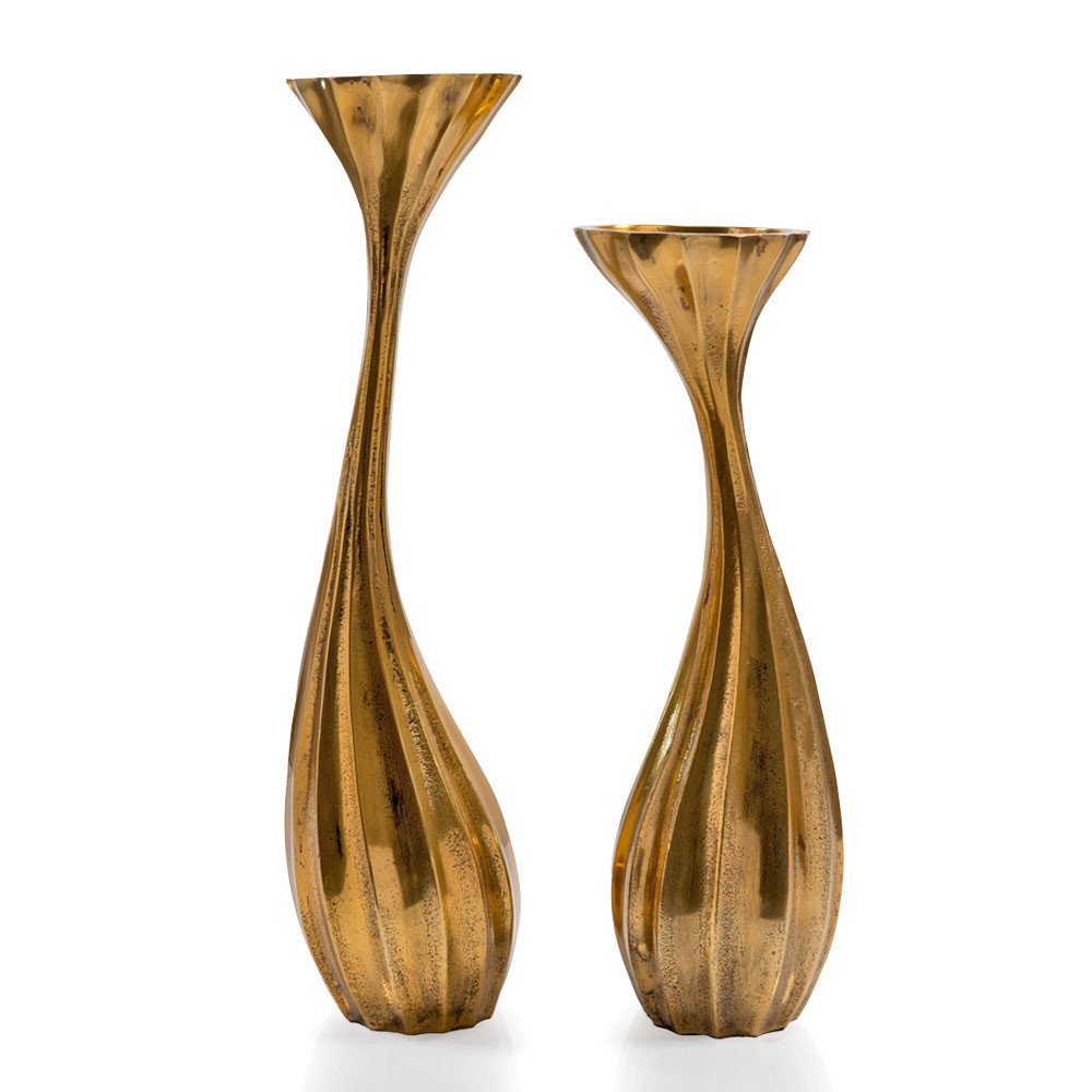 Set of Two Antiqued Gold Aluminum Wavy Faceted Tabletop Pillar Candle Holders