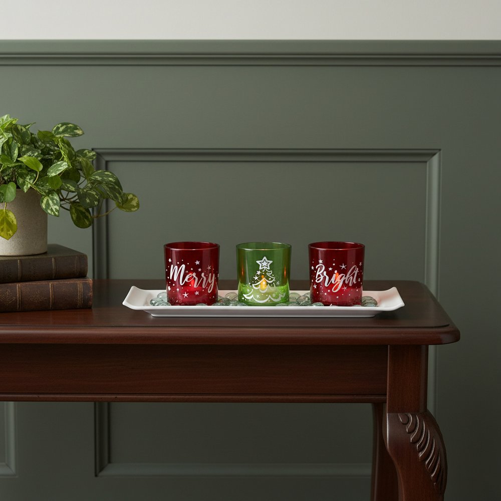 Set of Four Red Green And White Glass Christmas Tabletop Candle Holders
