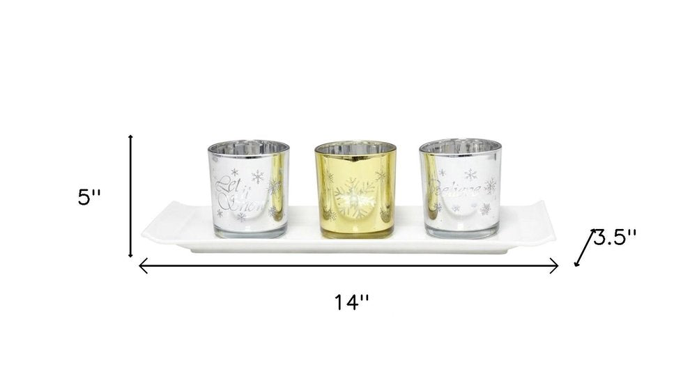 Set of Four Silver Gold And White Snowflake Glass Christmas Tabletop Candle Holders