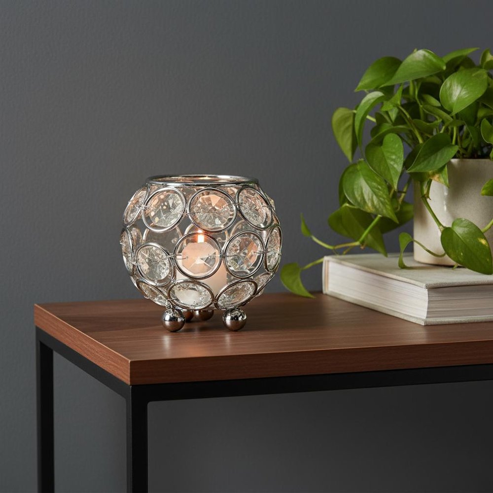 3" Silver Geometric Faux Crystal Tabletop Votive Candle Holder