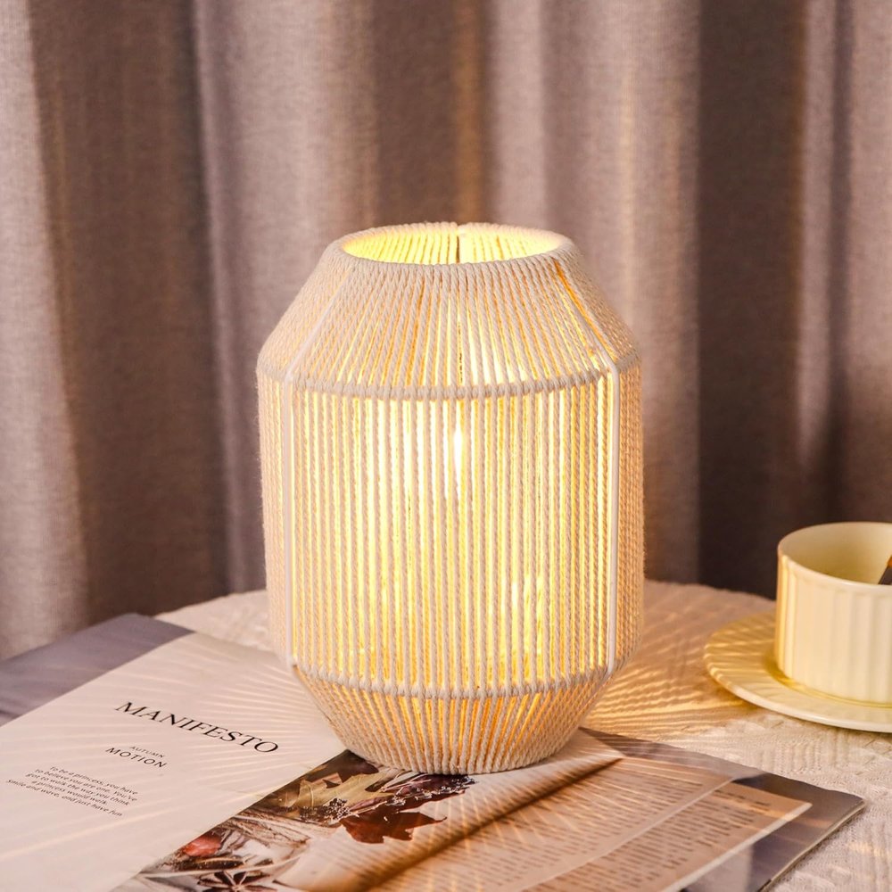 7" Beige Battery Operated Geometric Desk Lamp With Novelty Shade