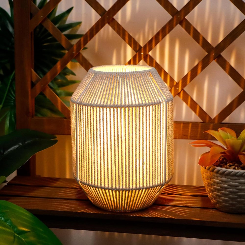 7" Beige Battery Operated Geometric Desk Lamp With Novelty Shade