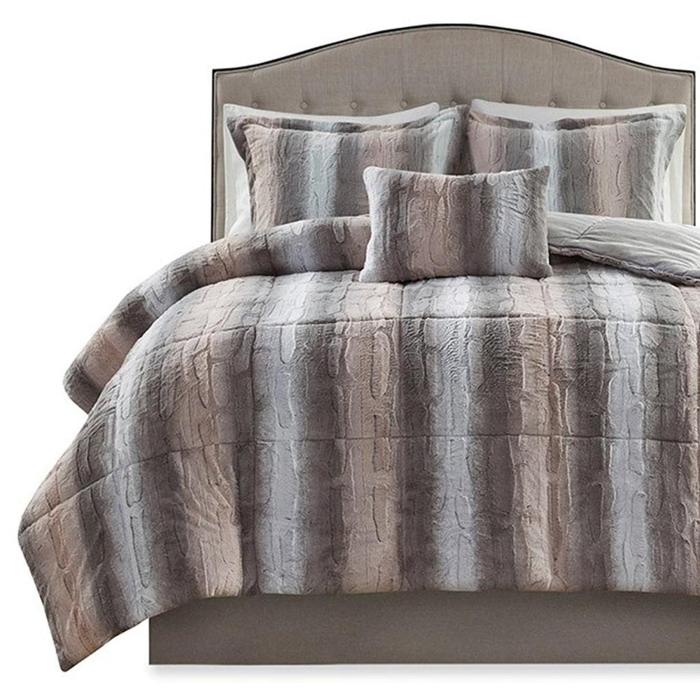 Set of Four Gray And Pink Striped Queen Ring Stitch Polyester Sham And Comforter