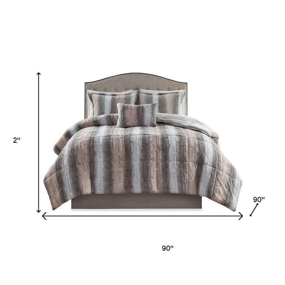 Set of Four Gray And Pink Striped Queen Ring Stitch Polyester Sham And Comforter
