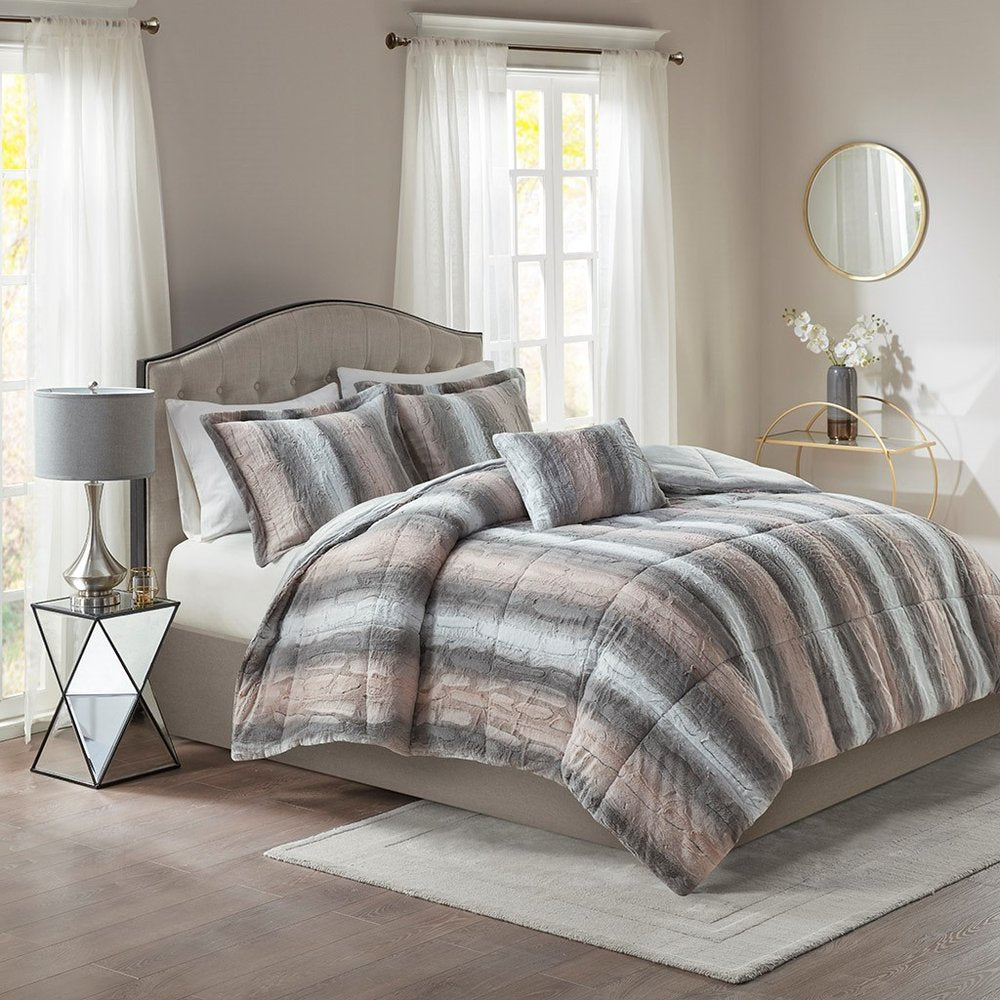 Set of Four Gray And Pink Striped Queen Ring Stitch Polyester Sham And Comforter