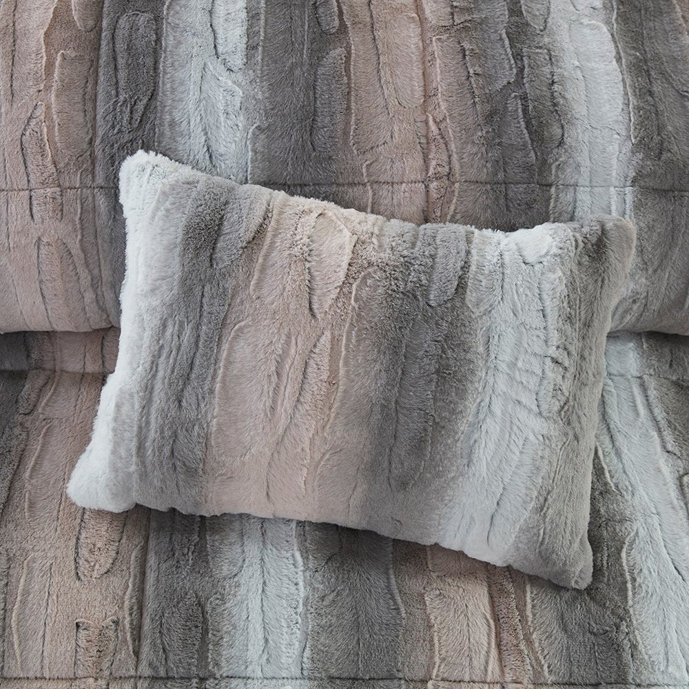 Set of Four Gray And Pink Striped Queen Ring Stitch Polyester Sham And Comforter