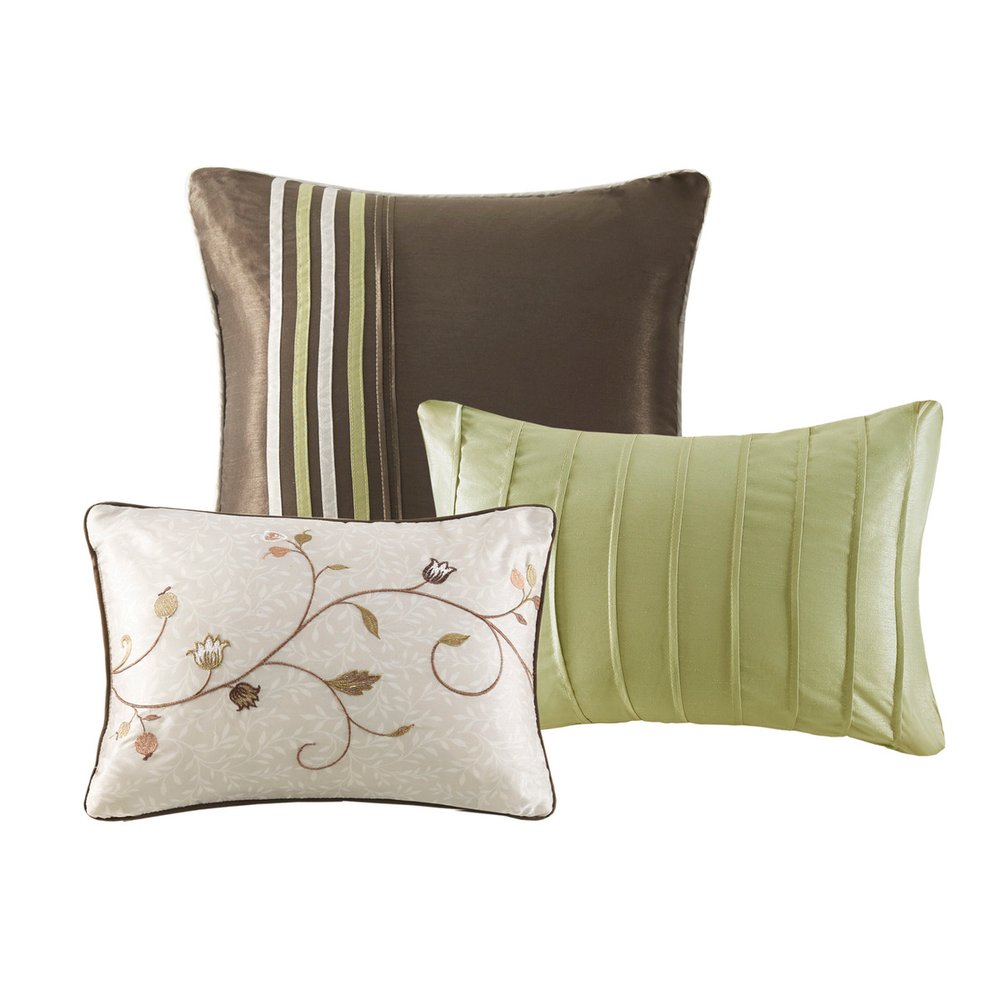 Set of Seven Green And Brown Floral King Ring Stitch Polyester Sham And Comforter