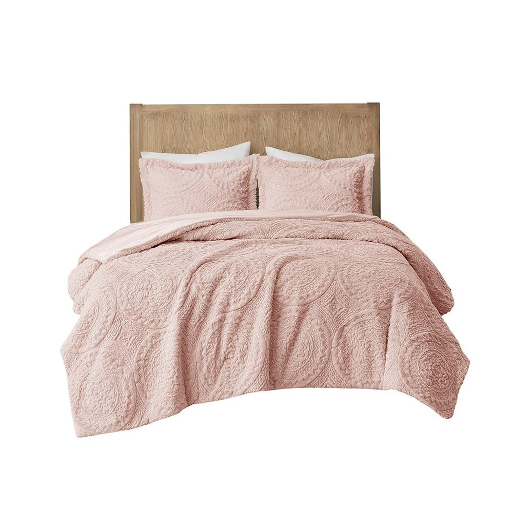 Set of Three Blush Medallion Queen Ring Stitch Polyester Sham And Comforter