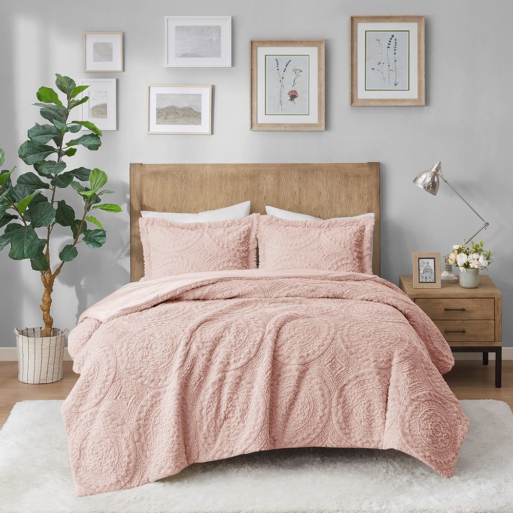 Set of Three Blush Medallion Queen Ring Stitch Polyester Sham And Comforter