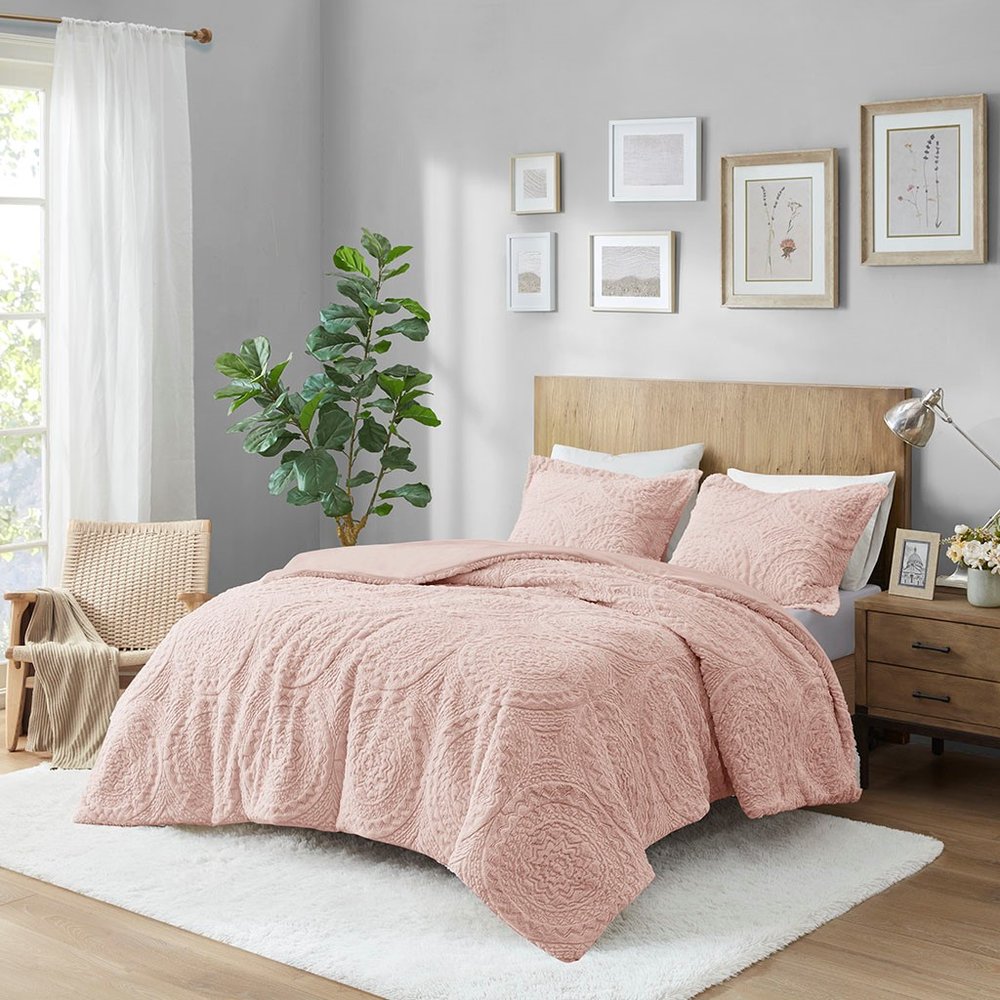 Set of Three Blush Medallion Twin Ring Stitch Polyester Sham And Comforter