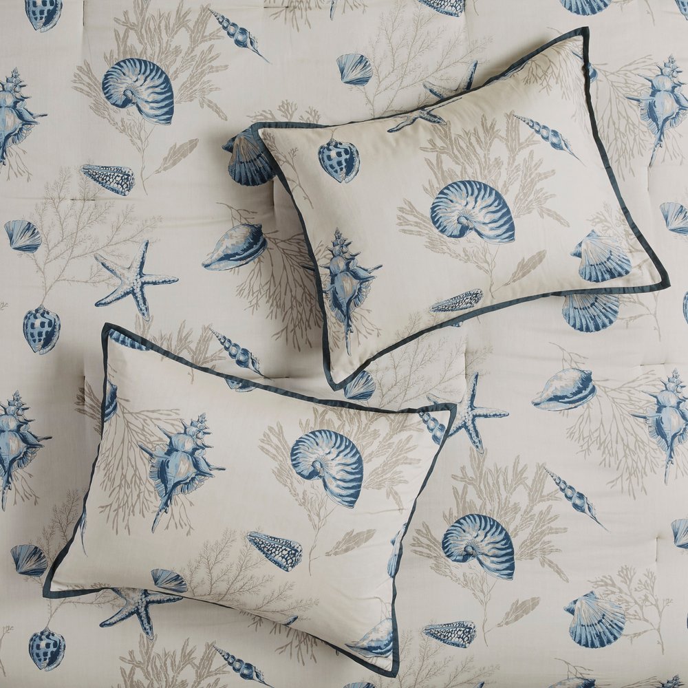 Set of Seven Blue And Ivory Queen Ring Stitch Sham And Comforter