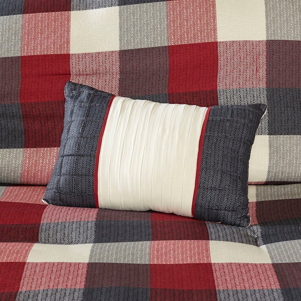 Set of Seven Red And Gray Plaid King Ring Stitch Polyester Sham And Comforter