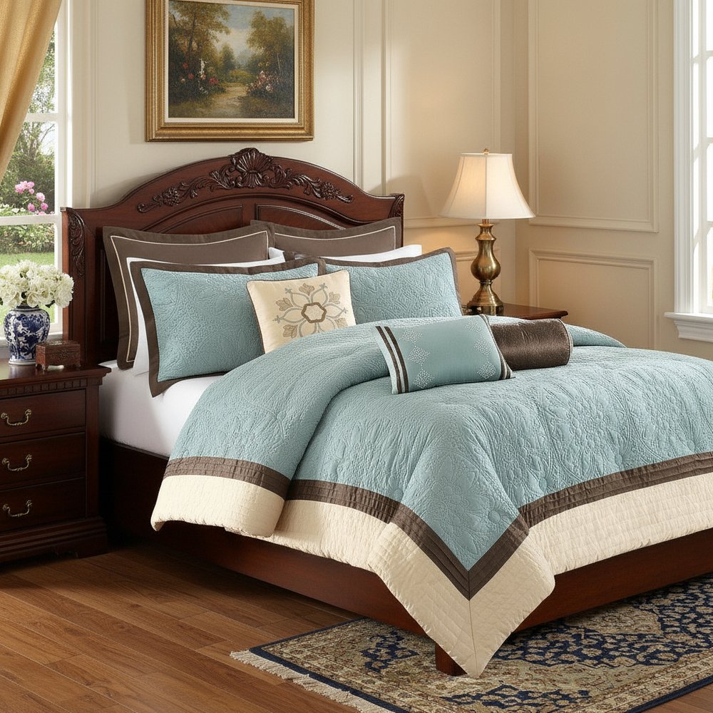 Set of Nine Ivory And Light Blue Medallion King Ring Stitch Polyester Sham And Comforter