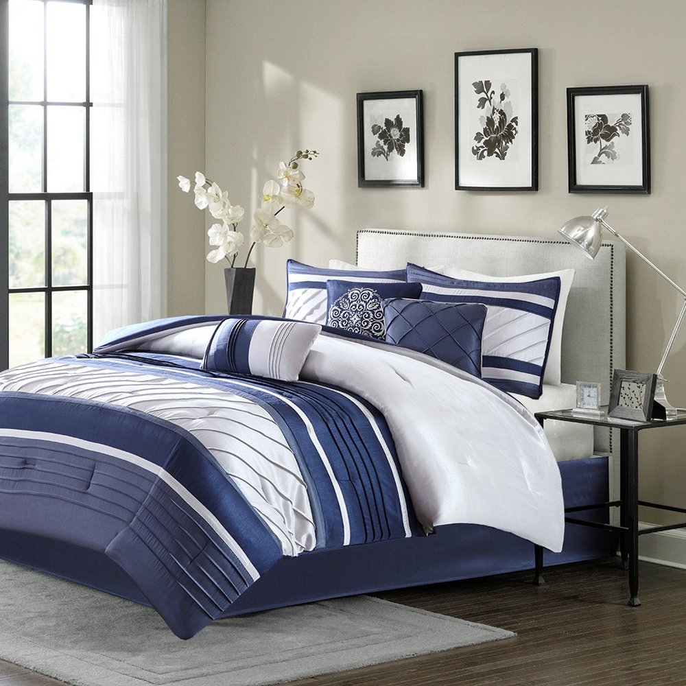 Set of Seven Navy Blue Striped Queen Ring Stitch Polyester Sham And Comforter