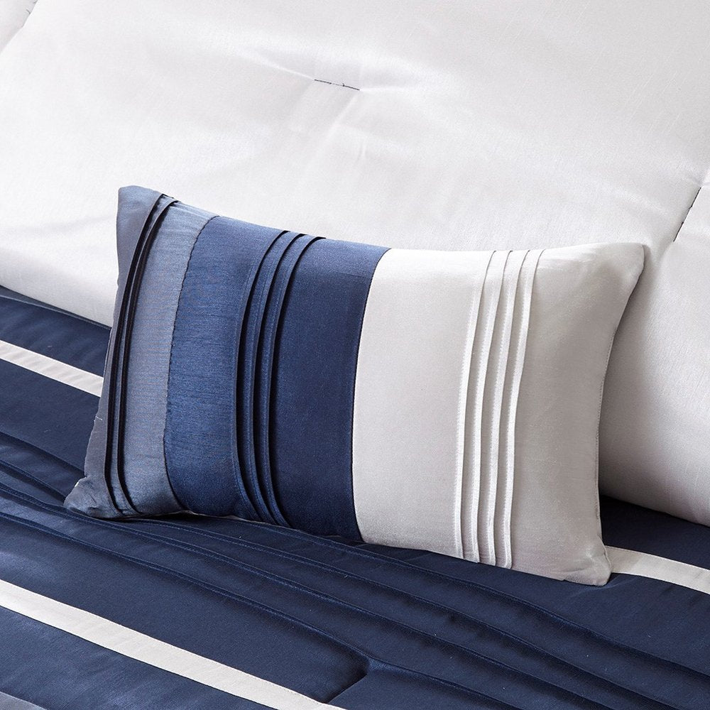 Set of Seven Navy Blue Striped Queen Ring Stitch Polyester Sham And Comforter
