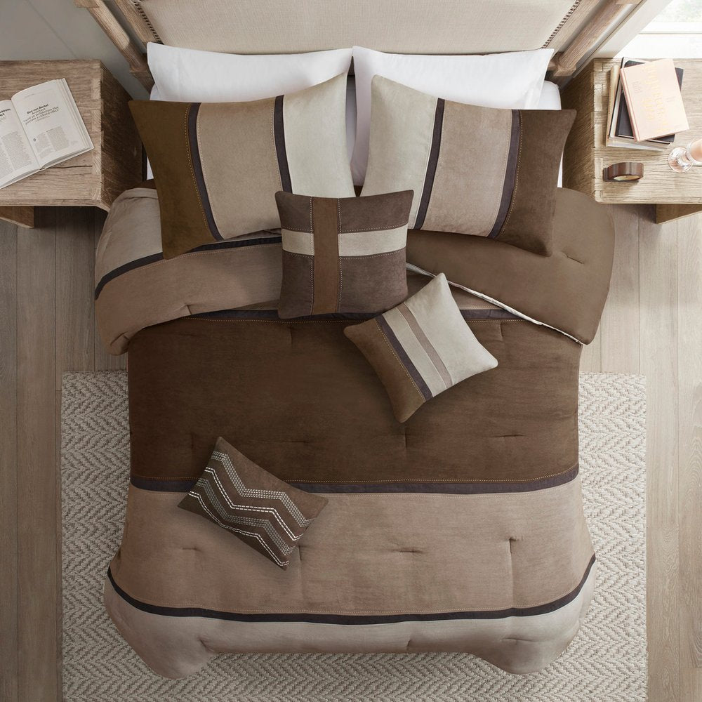 Set of Seven Brown King Ring Stitch Polyester Sham And Comforter