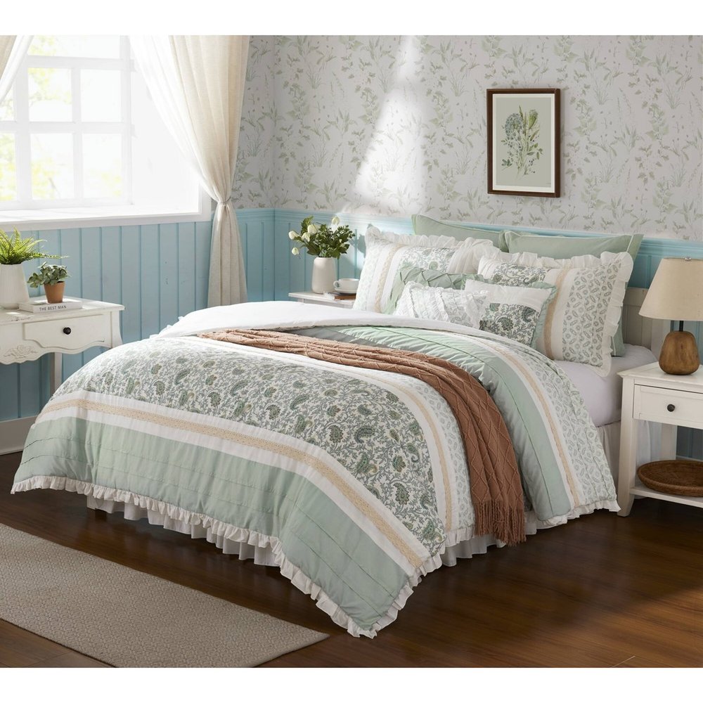 Set of Nine Aqua And Ivory Paisley King Ring Stitch Polyester Sham And Comforter