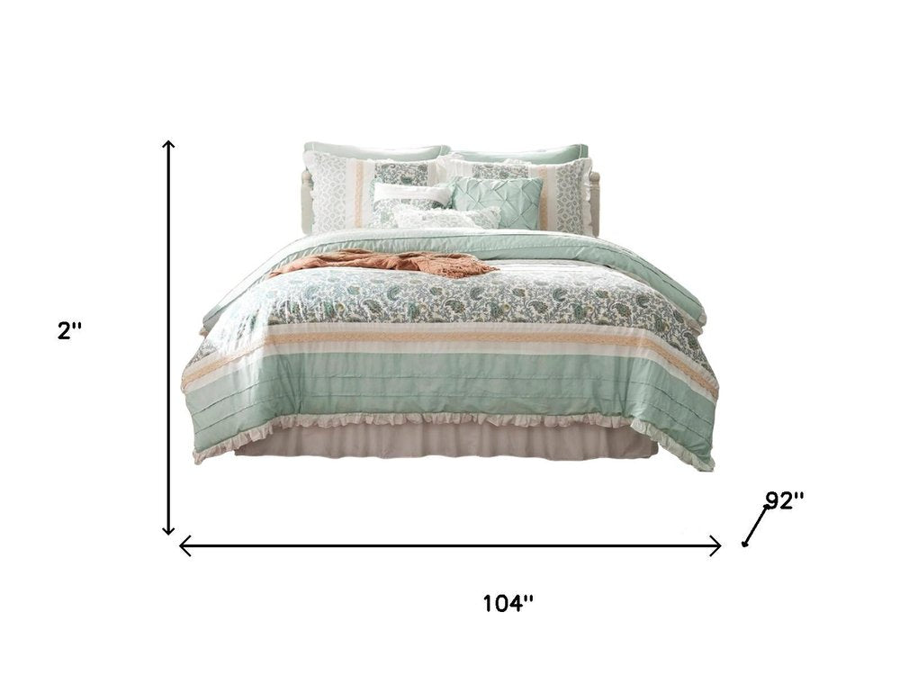 Set of Nine Aqua And Ivory Paisley King Ring Stitch Polyester Sham And Comforter