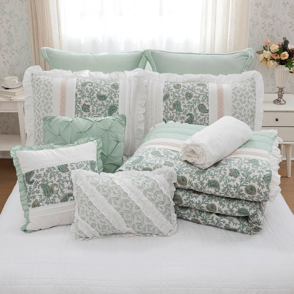 Set of Nine Aqua And Ivory Paisley King Ring Stitch Polyester Sham And Comforter