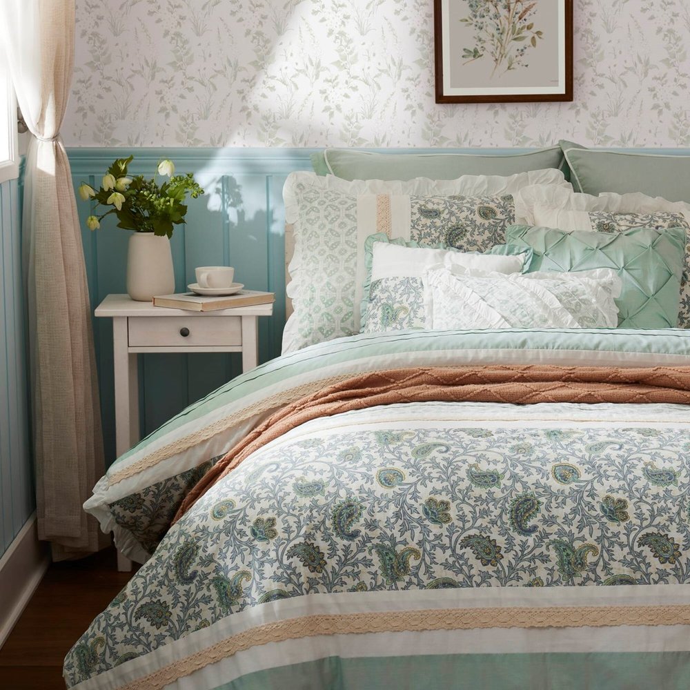 Set of Nine Aqua And Ivory Paisley King Ring Stitch Polyester Sham And Comforter