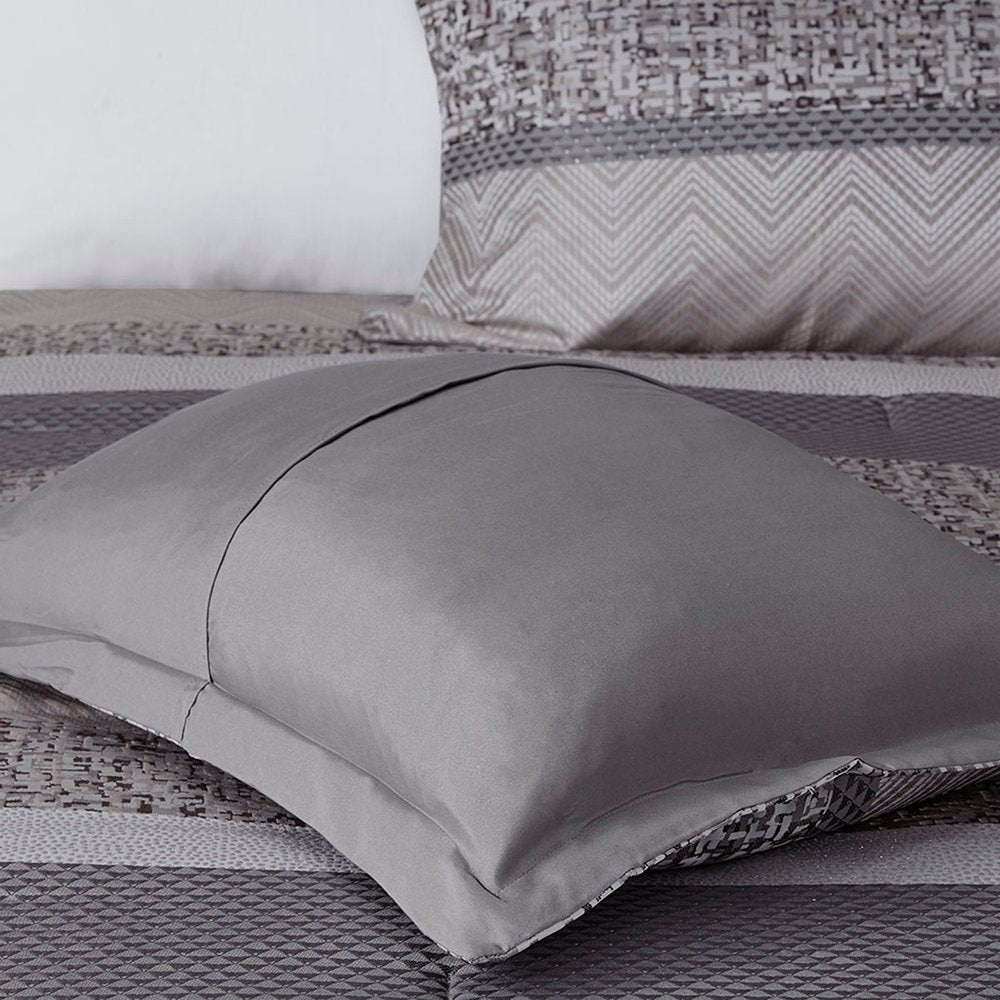 Set of Seven Gray And Taupe Striped King Ring Stitch Polyester Sham And Comforter