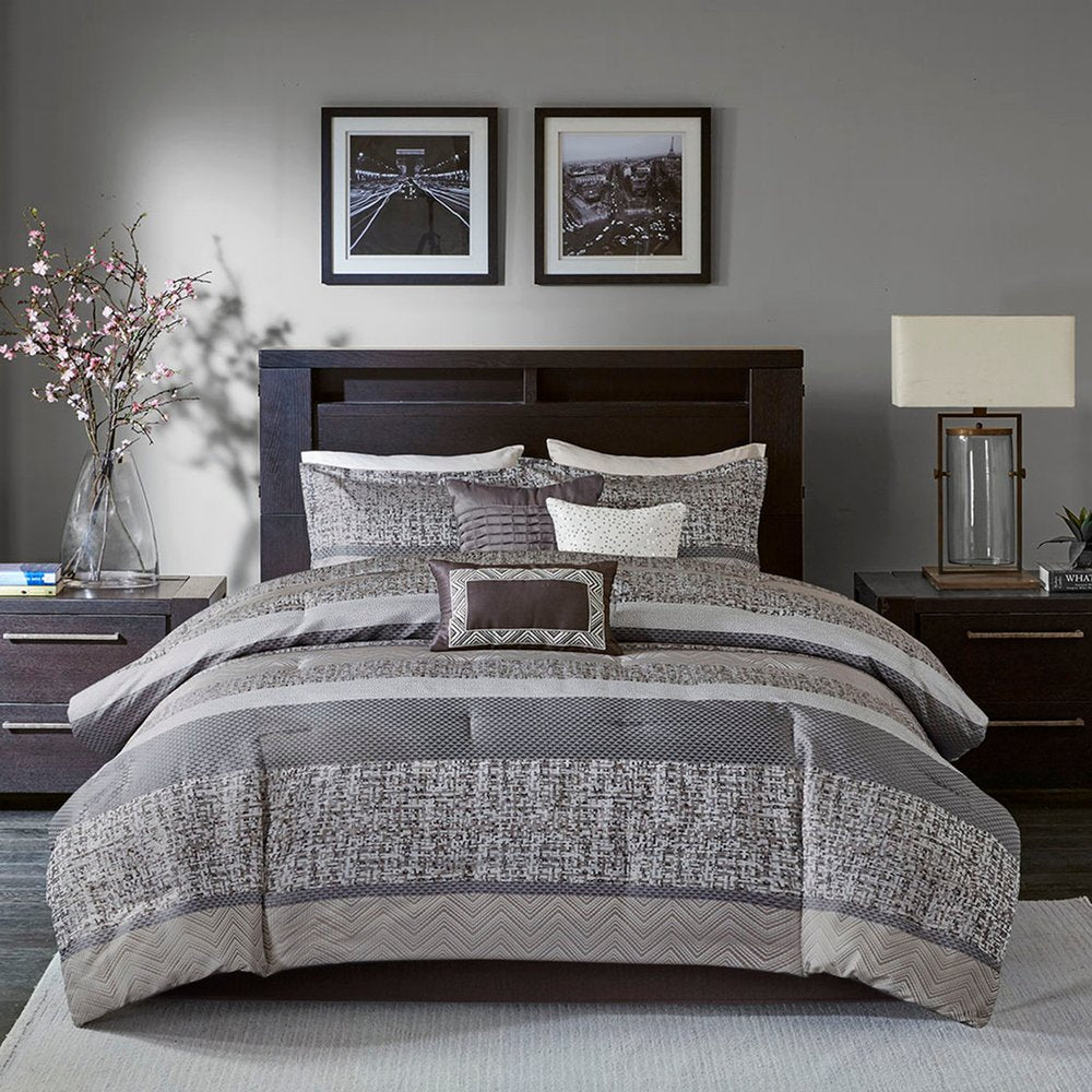 Set of Seven Gray And Taupe Striped King Ring Stitch Polyester Sham And Comforter