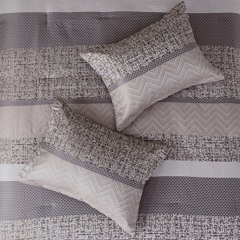 Set of Seven Gray And Taupe Striped King Ring Stitch Polyester Sham And Comforter