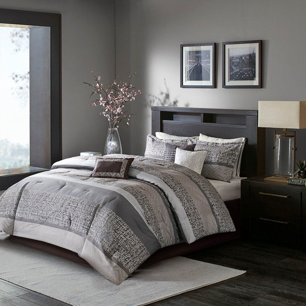 Set of Seven Gray And Taupe Striped Queen Ring Stitch Polyester Sham And Comforter