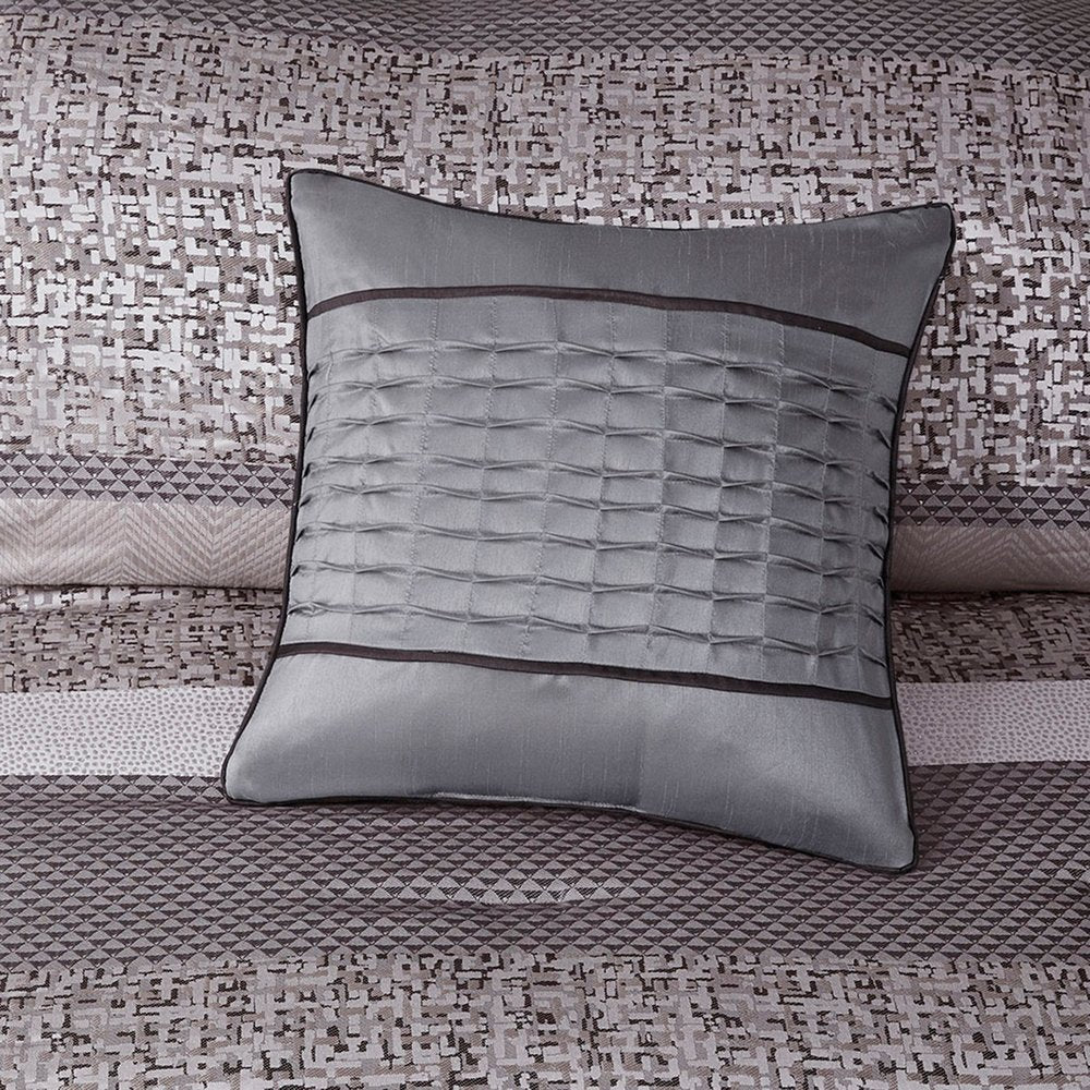 Set of Seven Gray And Taupe Striped Queen Ring Stitch Polyester Sham And Comforter