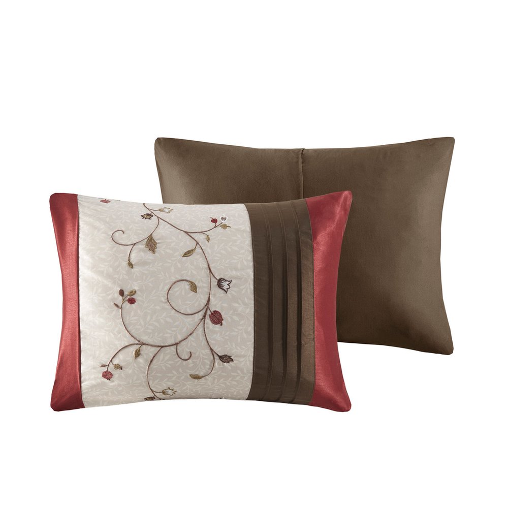 Set of Seven Red Brown And Ivory Floral King Ring Stitch Polyester Sham And Comforter