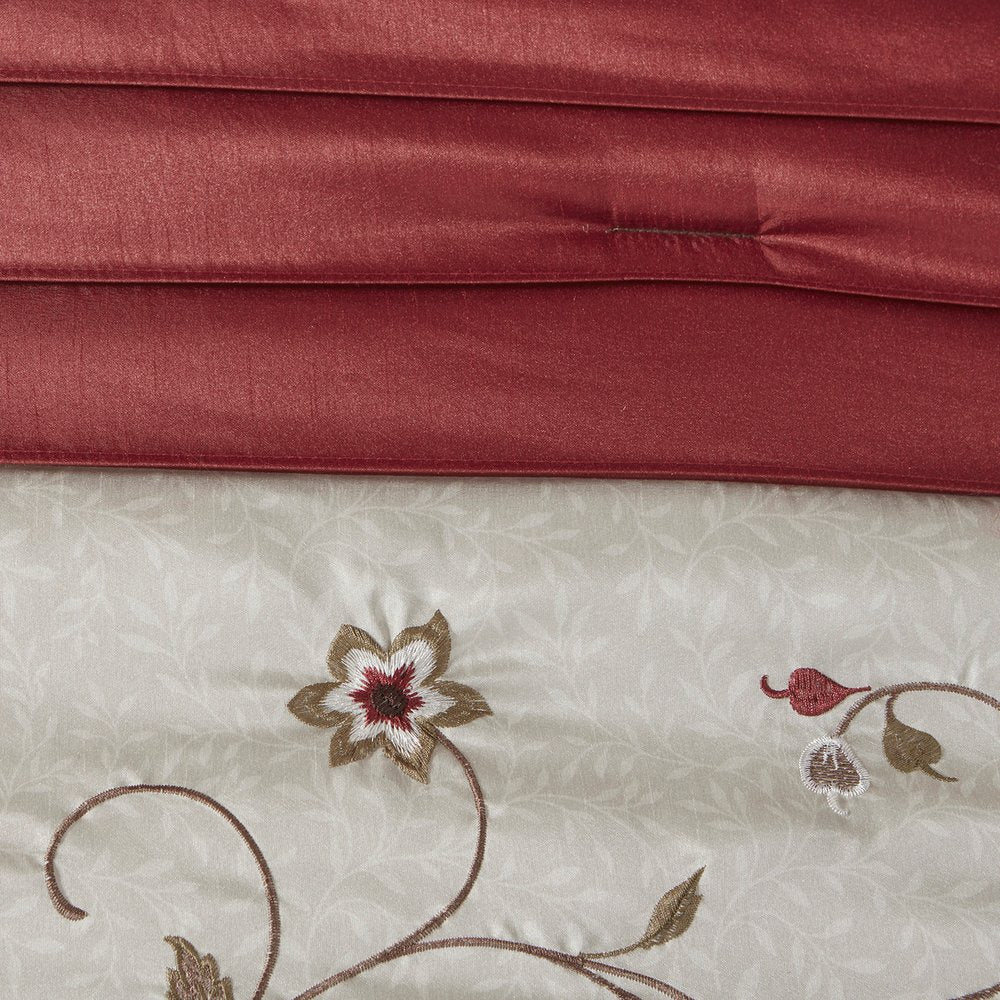 Set of Seven Red Brown And Ivory Floral King Ring Stitch Polyester Sham And Comforter