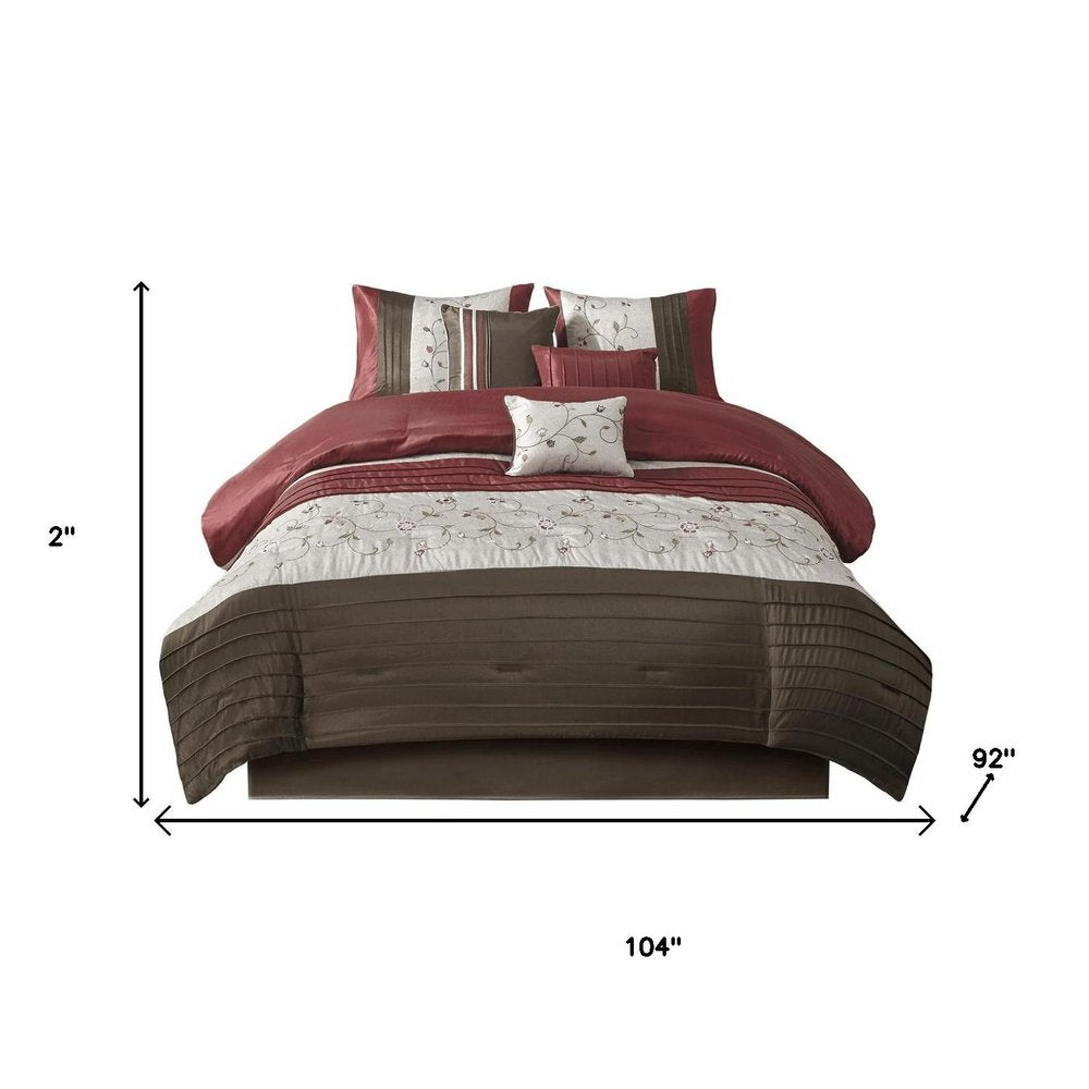 Set of Seven Red Brown And Ivory Floral King Ring Stitch Polyester Sham And Comforter