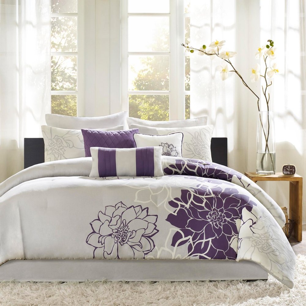 Set of Seven Purple And White Floral King Ring Stitch Sham And Comforter