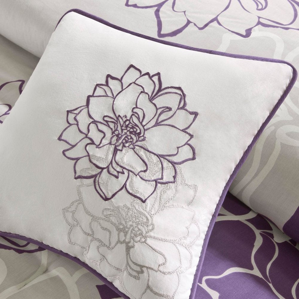 Set of Seven Purple And White Floral Queen Ring Stitch Sham And Comforter