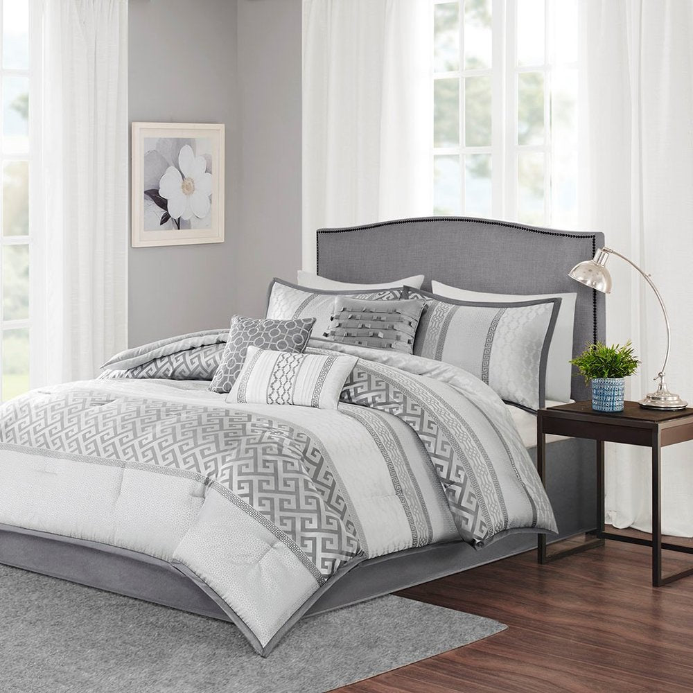 Set of Seven Gray And Ivory Striped King Ring Stitch Polyester Sham And Comforter