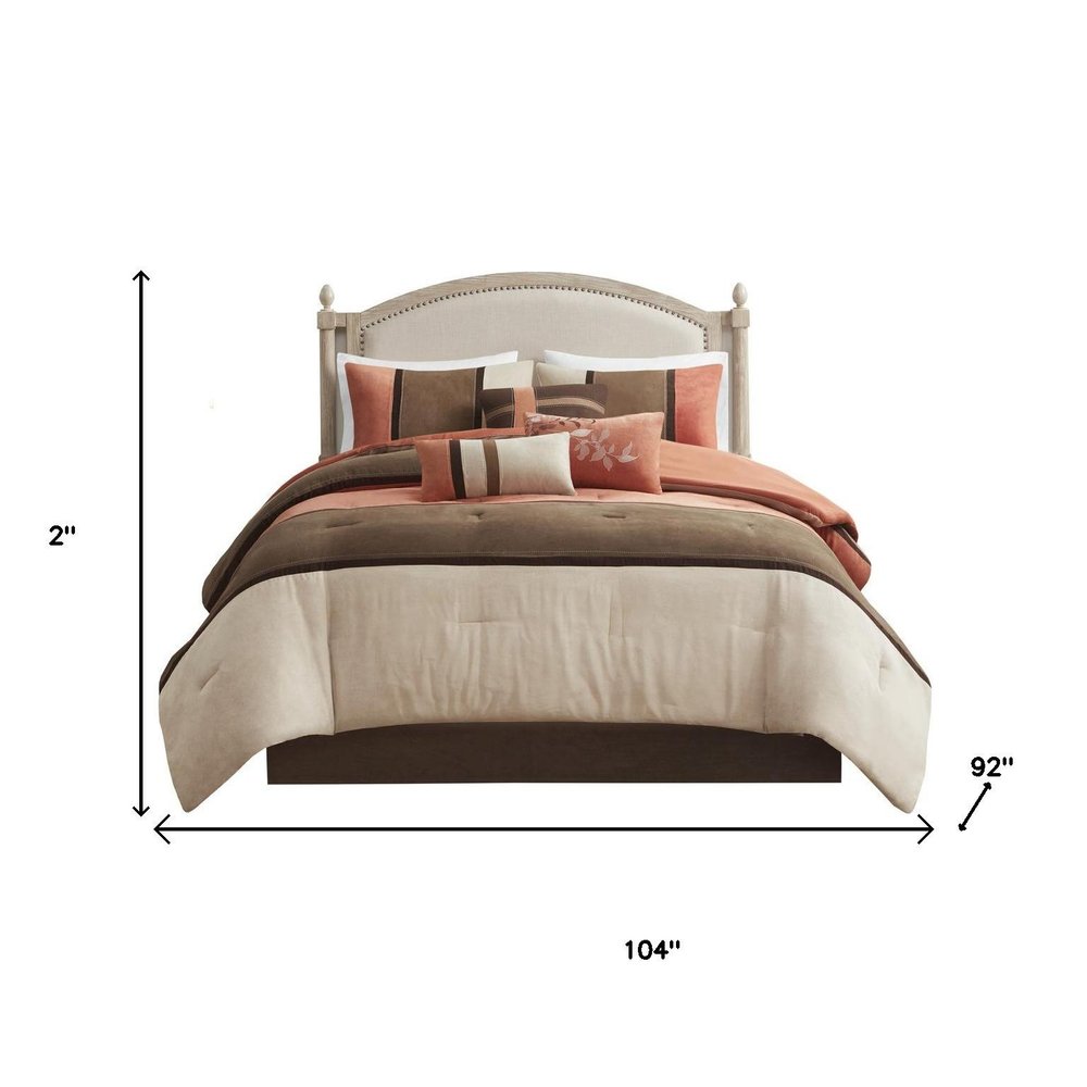Set of Seven Coral And Brown Striped King Ring Stitch Polyester Sham And Comforter