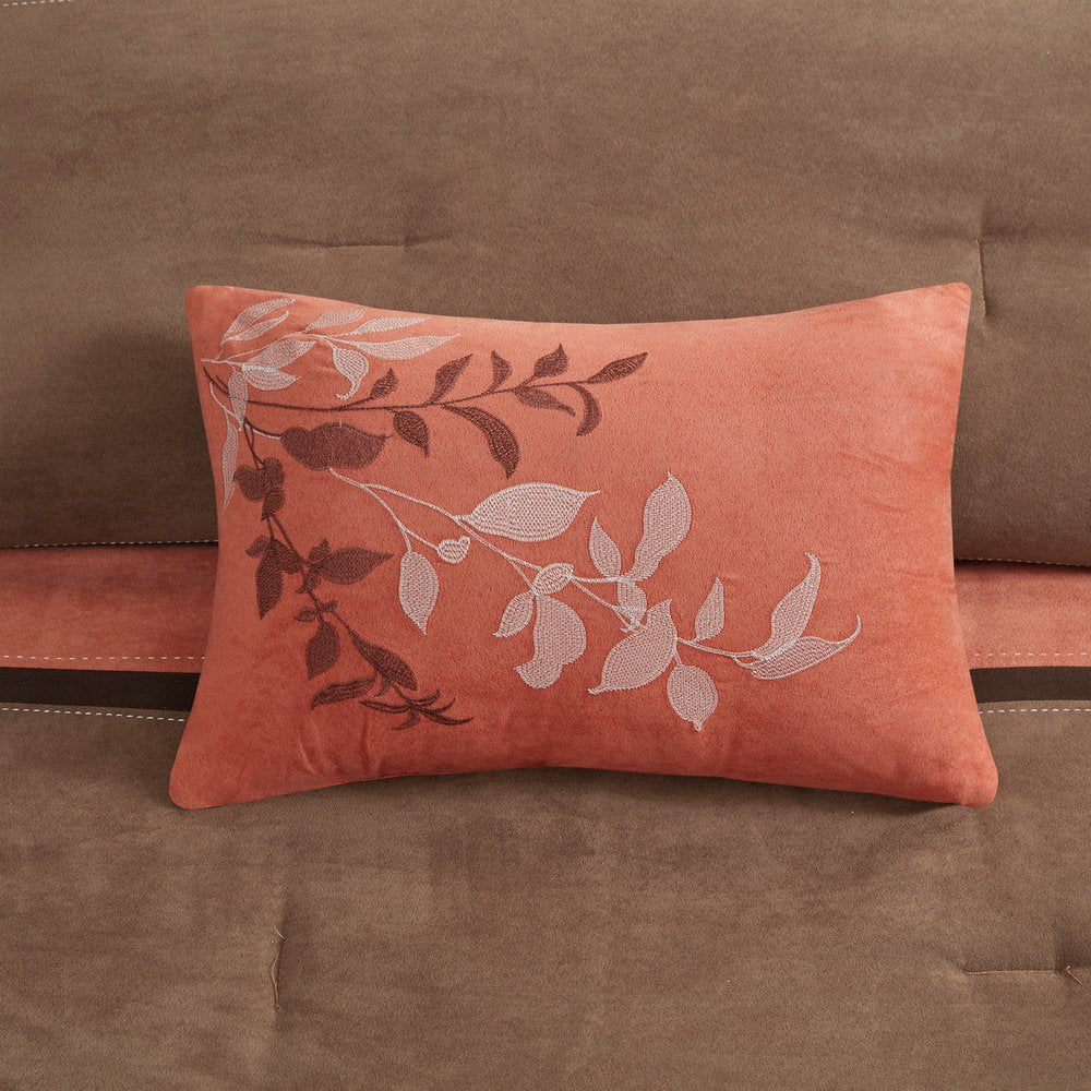 Set of Seven Coral And Brown Striped King Ring Stitch Polyester Sham And Comforter