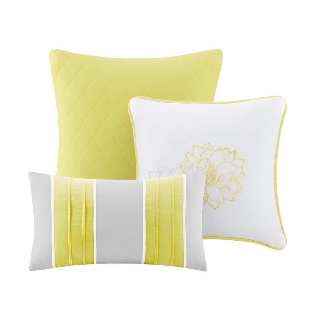 Set of Seven Gray And Yellow Floral Queen Ring Stitch Polyester Sham And Comforter