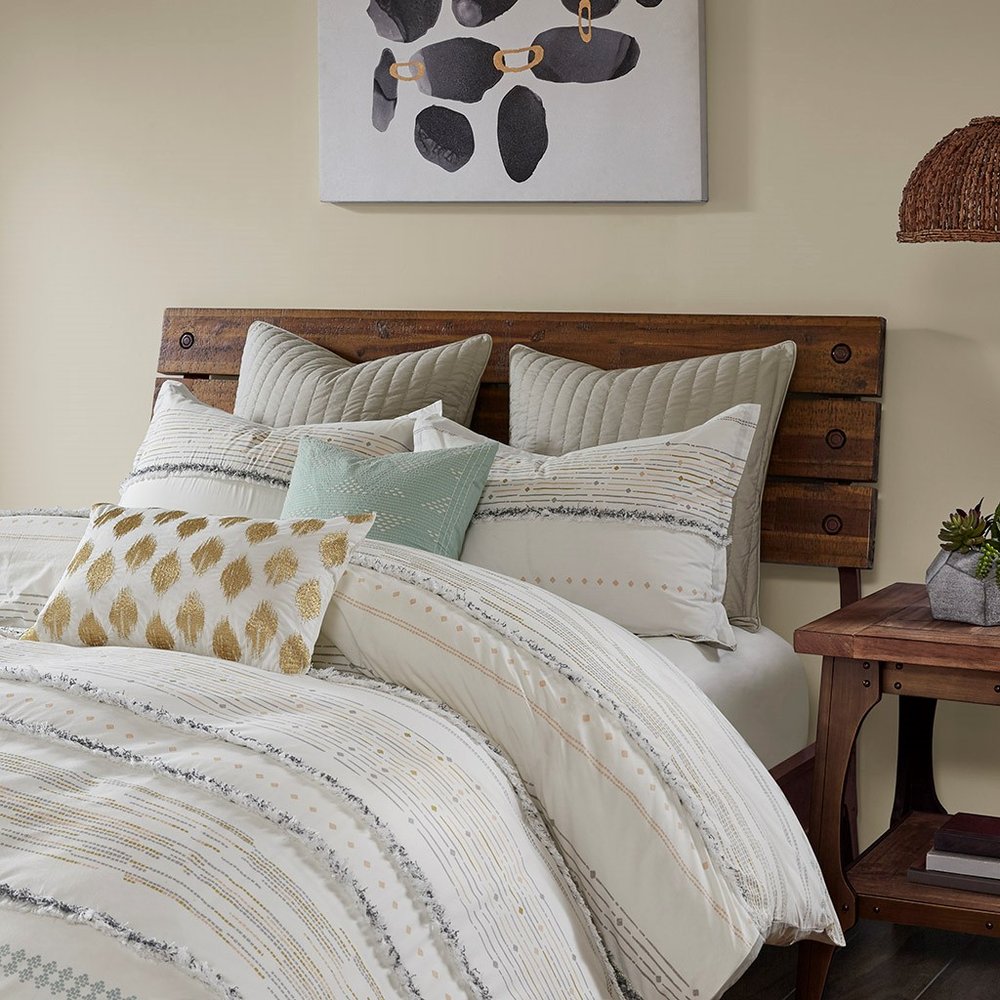 Set of Three Off White And Gray Striped King Ring Stitch Sham And Comforter