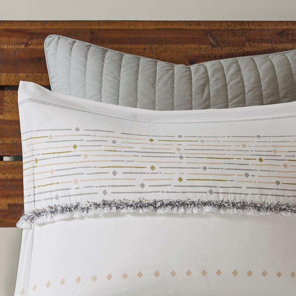 Set of Three Off White And Gray Striped King Ring Stitch Sham And Comforter
